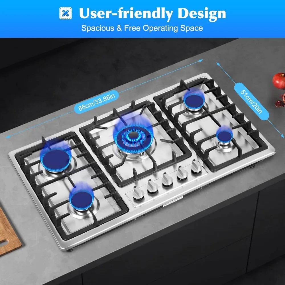 Gas Cooktop 5 Burner Gas Stove NG/LPG Convertible Gas Cooktops Gas Countertop Plug-in with Drop-In Gas Stove Top Stainless Steel