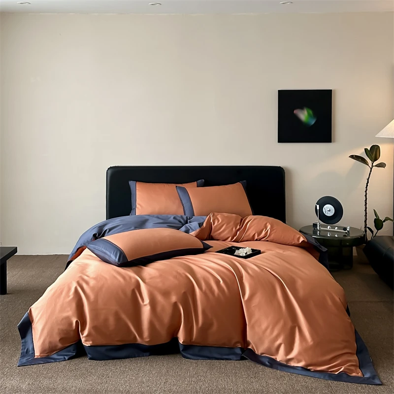 Luxury 600TC Egyptian Cotton Bedding Set Two-tone Wide Border Duvet Cover Flat Sheet Pillowcases Modern Solid Color Bed Linen