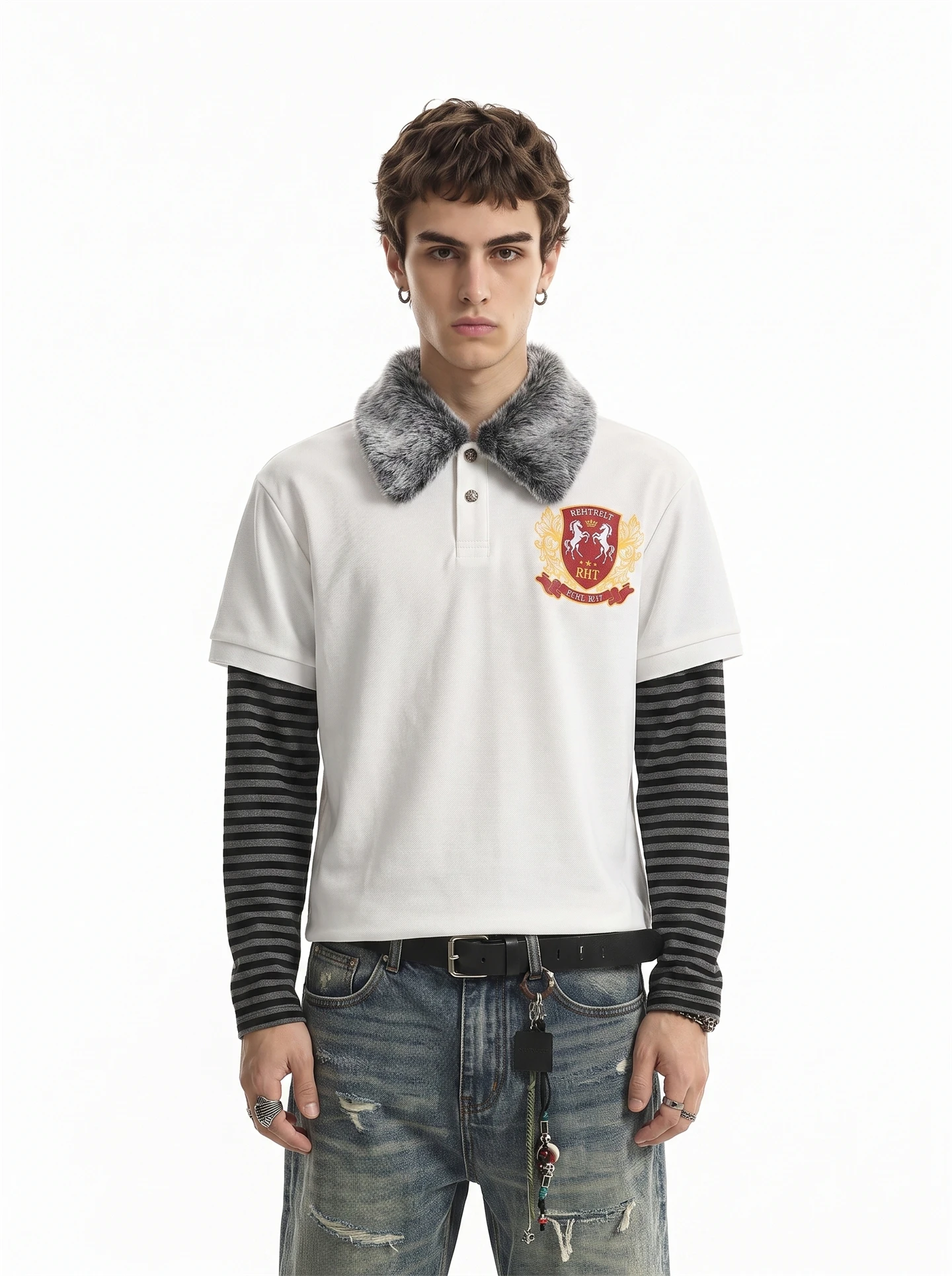 BETEBULE American High Street Printed Stripe Removable Fur Collar Long Sleeve Men's T-shirt Short Wide Fake Two-Piece Top