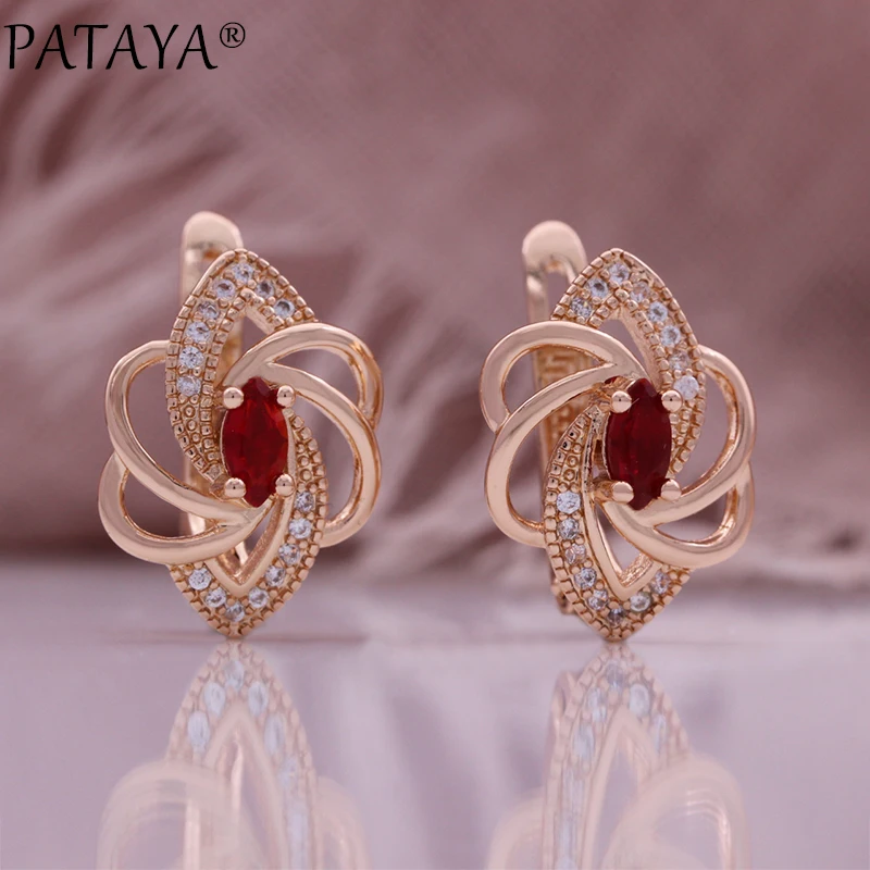 PATAYA Luxury 585 Rose Gold Color Drop Earrings for Women Unique Crystal Flower Natural Zircon Accessories Bridal Jewelry