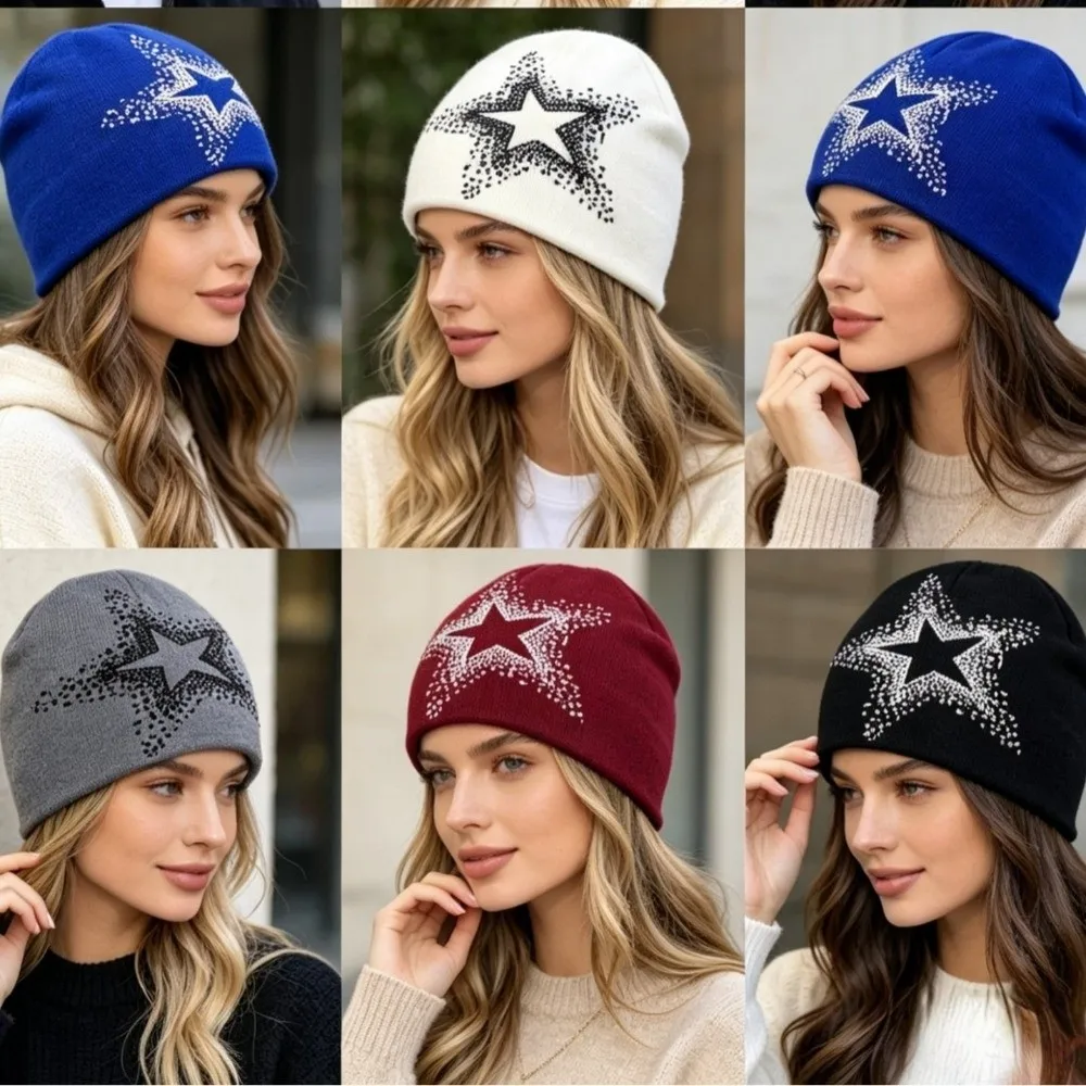 Cool Jacquard Star Knitted Hat Pentagram Warm Pullover Cap Elastic Cashmere Y2k Beanie Hat Outdoor