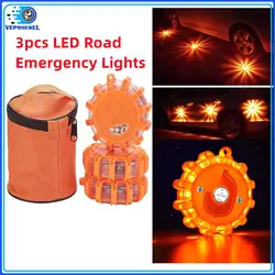3pcs LED Road Flare Emergency Lights Roadside Safety Beacon Disc Flashing Warning Flare Kit with Magnetic Base Storage Bags