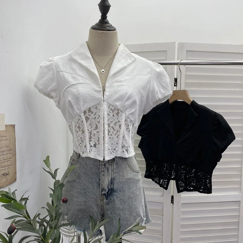 

Women's Summer Cropped Short Hollow Out Lace Shirt Fishbone Design Top Sleeve V Neck Waist Cutout Hot Girl Blouse Streety 23715