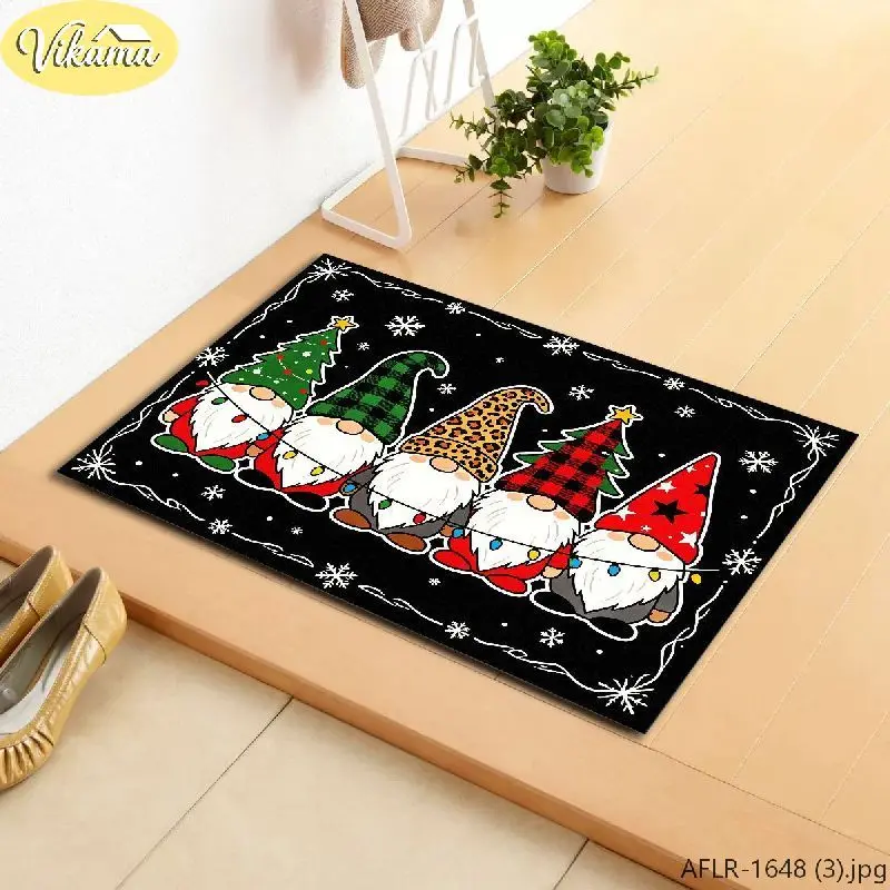VIKAMA Christmas Gnome Doormat Four Gnomes Different Hats String Lights, Black Welcome Mat Front Door, Non Slip, Xmas 2027