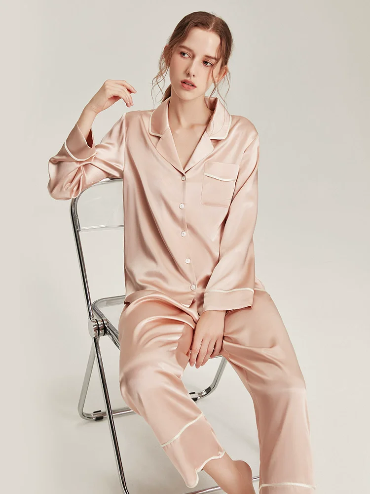 Winsleter, 6A 16.5MM 100%Real Silk Elegant Pajama Set, Women Long Sleeve Solid, French Sweet Leisure Wear, Fall Winter S40923CC