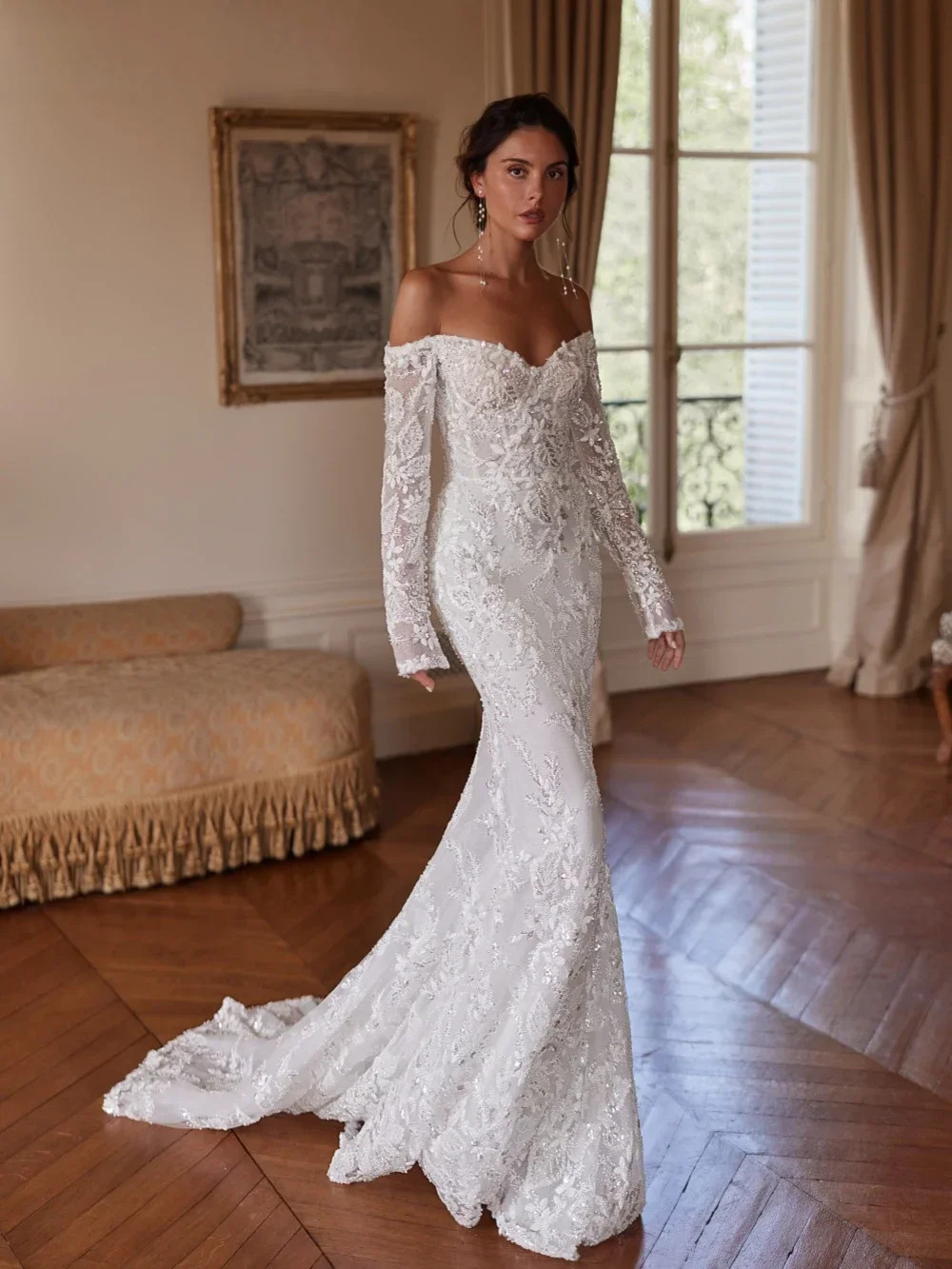 فستان زفاف طويل بحورية البحر من الدانتيل المطرز، فستان زفاف رشيق بدون أكتاف، فساتين لامعة رائعة مخصصة للعروس