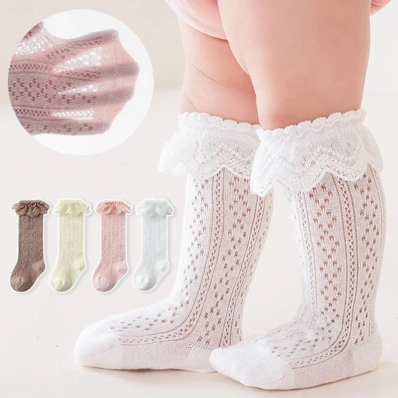 Baby Lace Princess Knee High Socks Kids Girls Boys Long Sock Cotton Mesh Breathable Children Hollow Out Socken for 0-3 Years Old