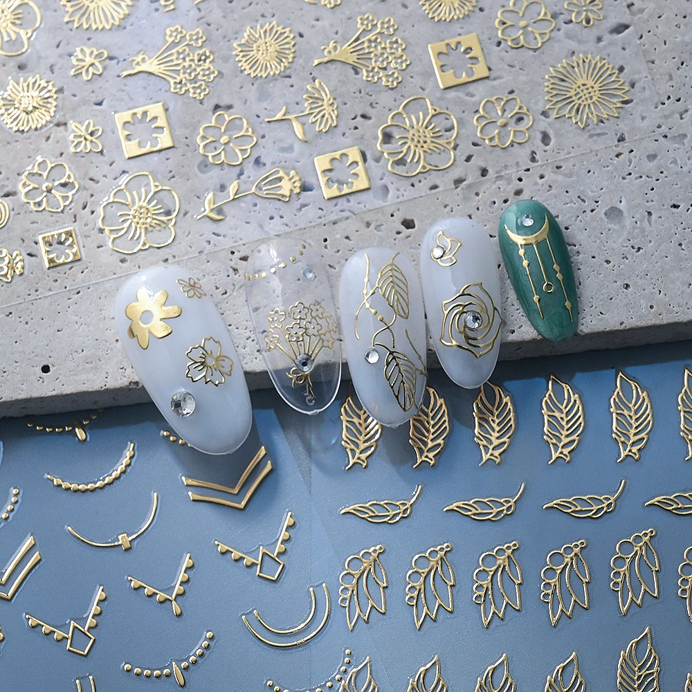 3D ﻿Golden Thread Leaves Floral Nail Art Stickers New Bronzing Vintage Texture Flowers Self-Adhesive DIY Manicure Decal Decorati