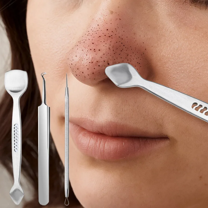 Set di strumenti per la rimozione di punti neri in acciaio inossidabile Estrattore di acne Brufolo Popper Pinzette per comedoni Kit per il trattamento della cura della pelle del viso