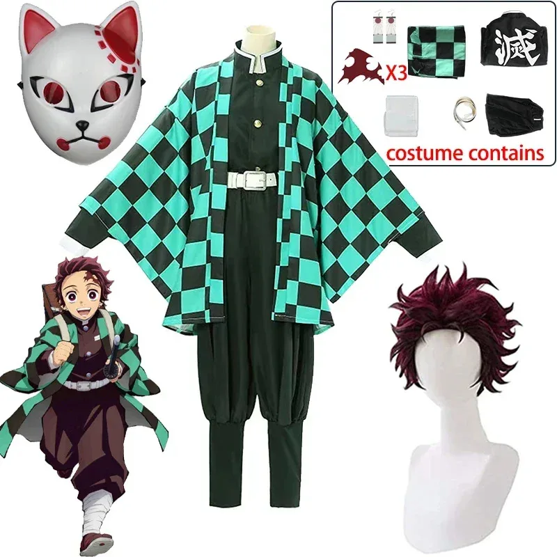 

Tanjiro Kamado Косплей Аниме Demon Slayer Kimetsu No Yaiba Косплей Костюм Униформа Хаори Кимоно Парик Костюм Хэллоуин Взрослый ребенок