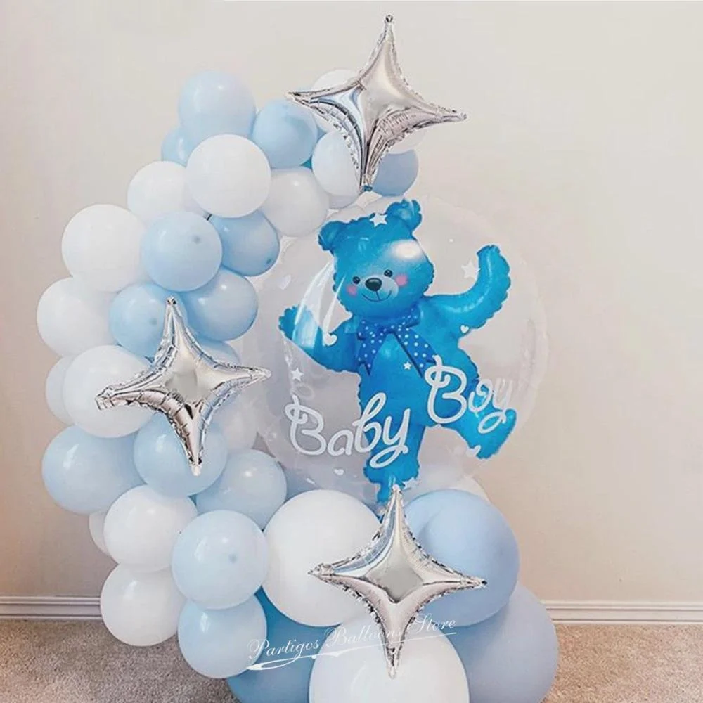 

52pcs Baby Boy Girl Blue Pink Bubble Bear Balloons Set Ball Boy 4D Bear Foil Balloons Birthday Baby Shower Decorations Kids Toys