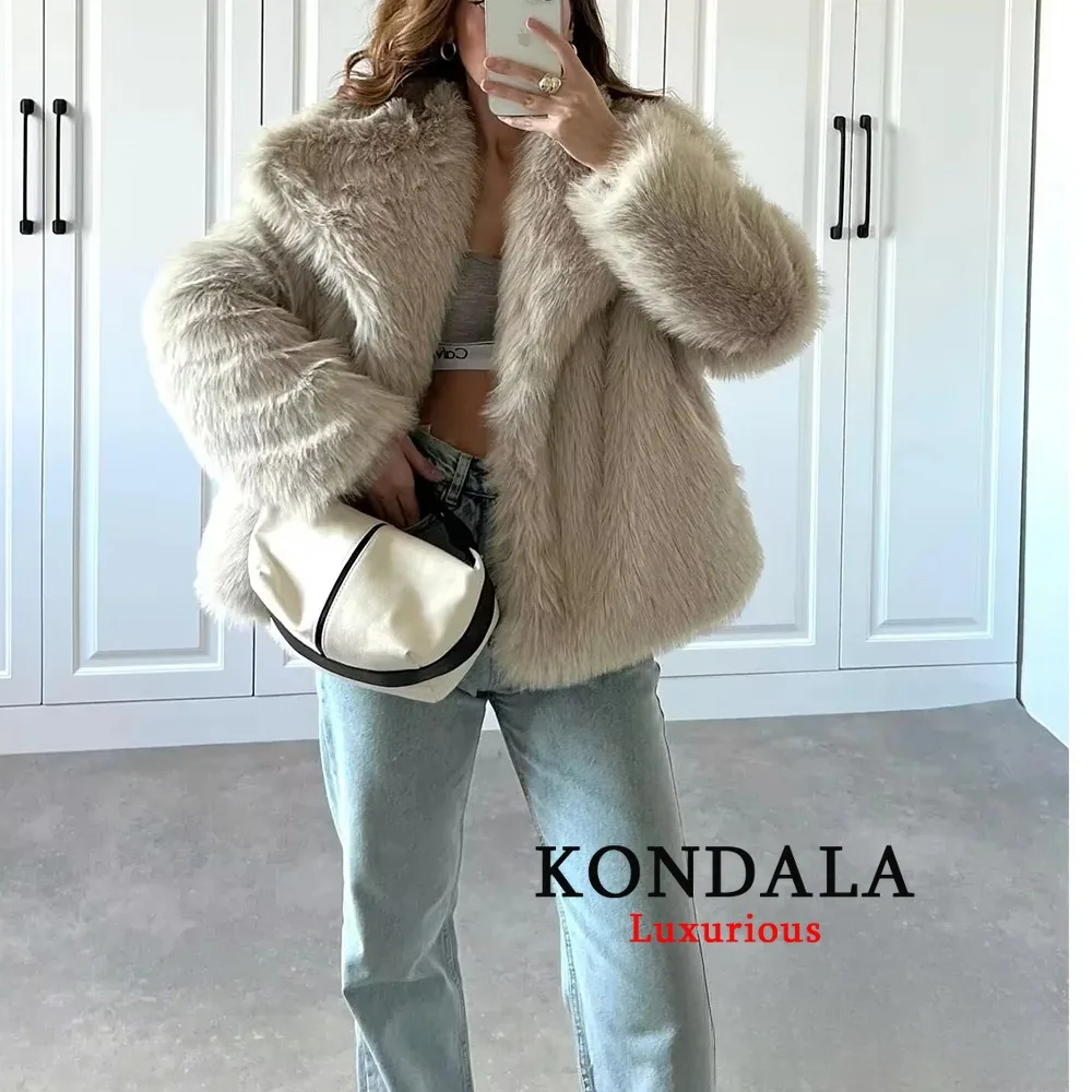 KONDALA Faux Fur Casual Jackets for Women Coats Thick Warm Soft Cropped Jakcets Vintage 2025 Long Sleeve Winter Coat Outwears