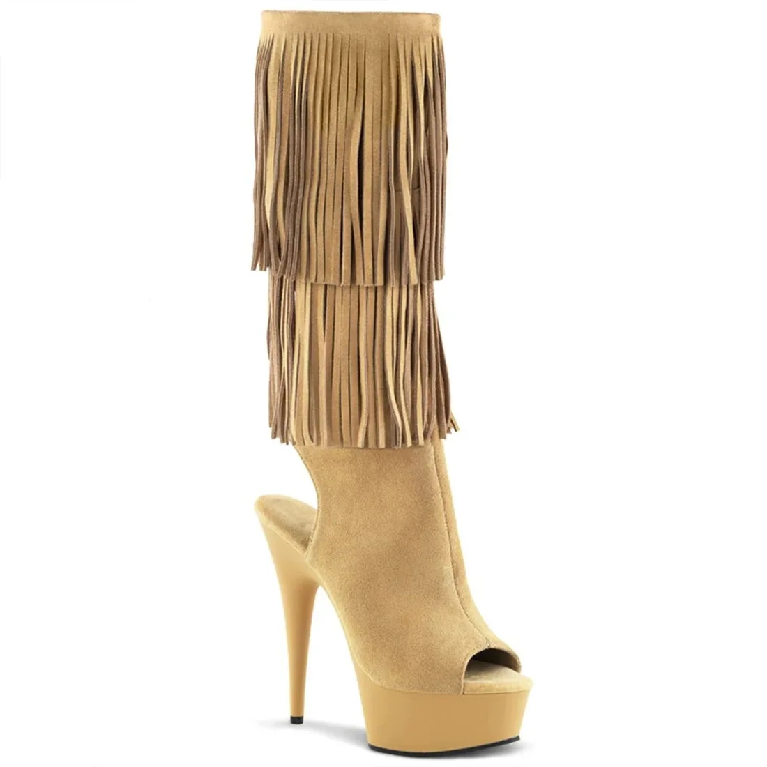 Women Peep Toe Fringe Knee High Boots Platform Stiletto Heel Backless Side Zipper Western Party High Heel Boots