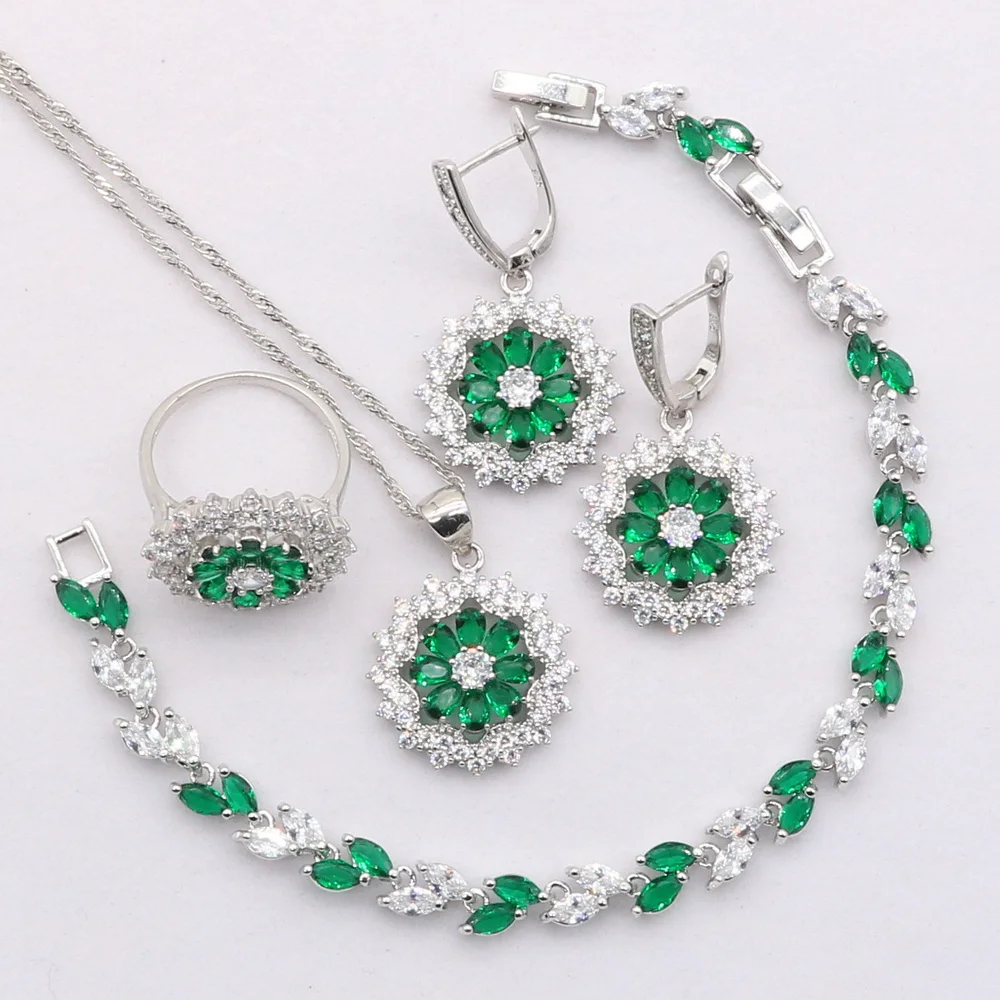 

Green Bridal Jewelry Sets For Women 925 Sterling Silver Zircon Wedding Jewerly Earrings Rings Stones Bracelets Pendant Necklace