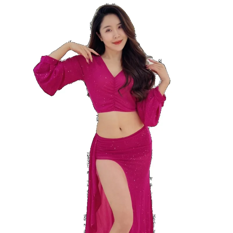 Customized Belly Dance Costumes Solid Color Mesh Long Sleeve Top Split Skirt Shining Set Oriental Dance Skirt Practice Dress