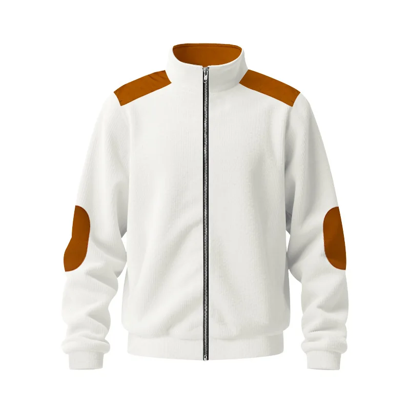 Herren Stehkragen Cordjacke, Farbblock-Design, Reißverschluss-Mantel, Retro, Locker Geschnitten, Lässig, Langarm, Herbst-Winter, Alltag, Streetwear – Detail 5