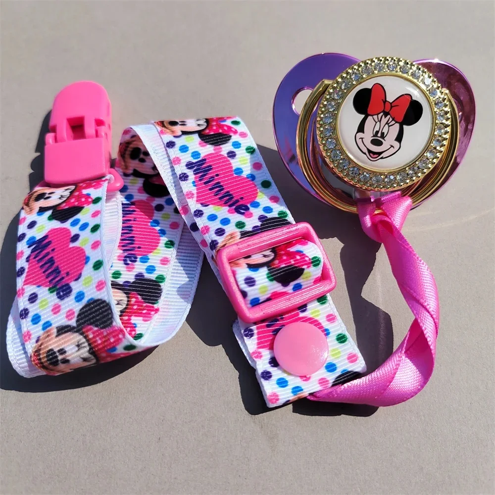 Disney Minnie Mouse Baby pacifier Cloth Strip clip Cover Rhinestone Purple Luxury pacifier Newborn girls silicone nipples Baby