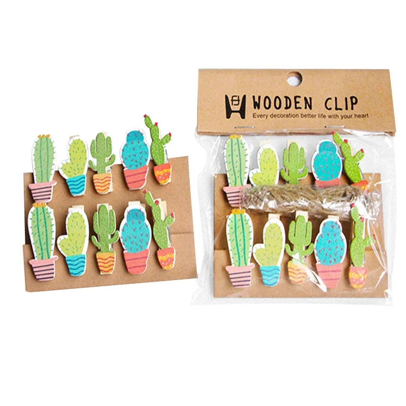 

10pcs/lot Kawaii Cactus Wooden Clips Mini Photo Paper Craft Clip School Decoration Stationery With Hemp Rope Christmas Gift