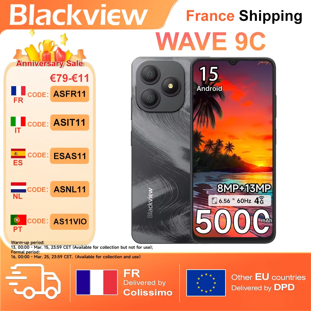 Blackview WAVE 9C [pas de chargeur UE] Smartphone 4 Go + 128 Go/4 Go + 64 Go IPS 60 Hz 6,56 ''HD + 5000 mAh Android 15 13 MP + 8 MP empreinte digitale