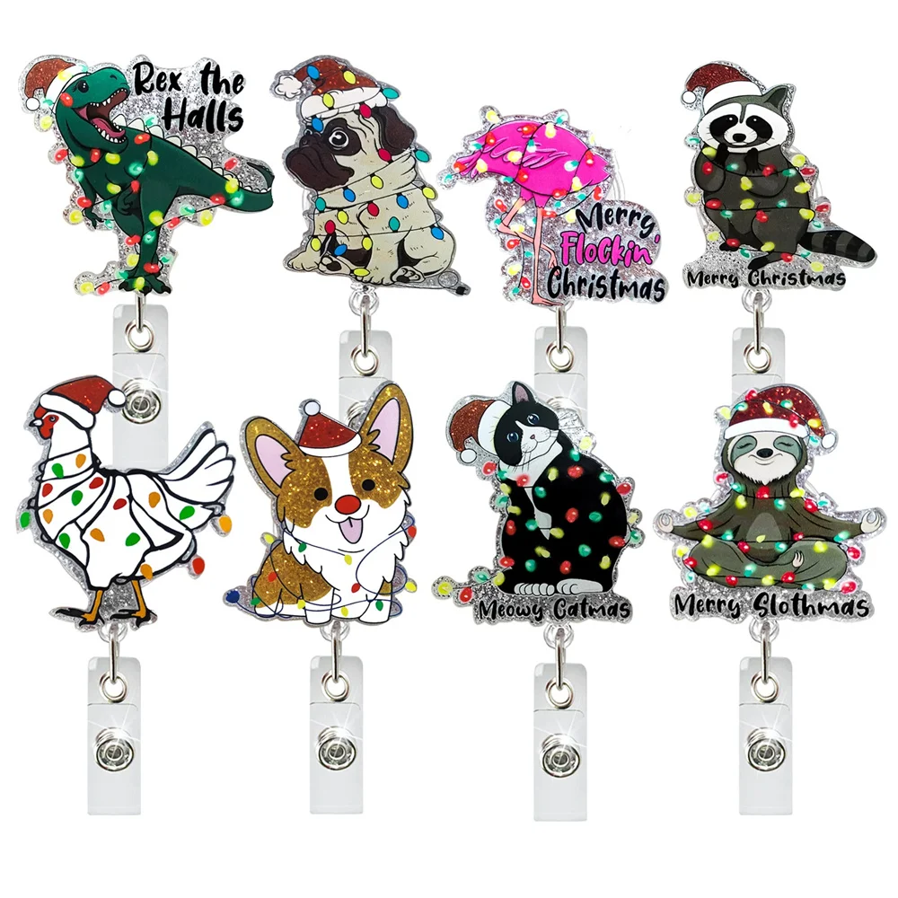 Christmas Glitter Acrylic Sloths Dinosaurs Badge Reel Retractable ID Badge Holder 360 Rotating Alligator Clip Doctor Name Holder