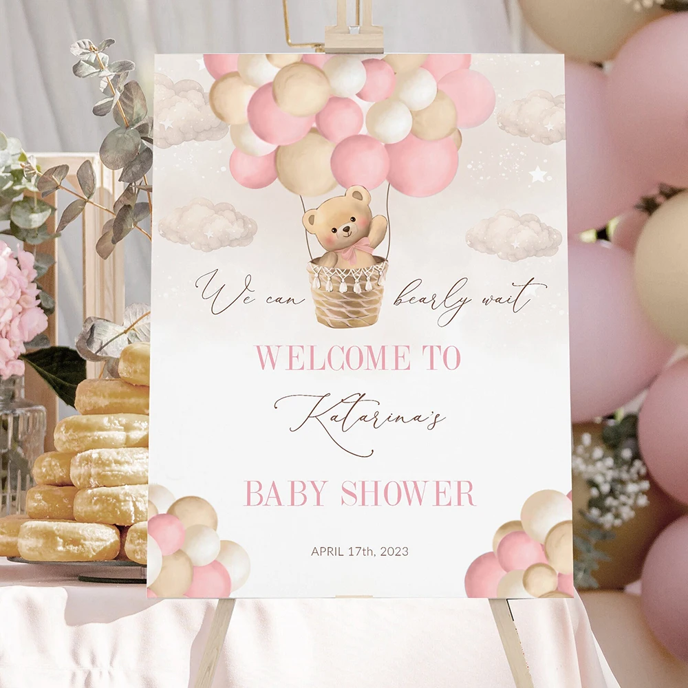 Custom Personalized Teddy Bear Balloon Baby Shower Welcome Sign Poster Wall Art Print Kids Birthday Party Decor Canvas Painting
