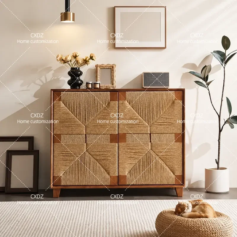 Solid Wood Rattan Cabinet Sideboard Retro Vintage Buffet Console Japanese Entrance Dining Living Room Storage Furniture