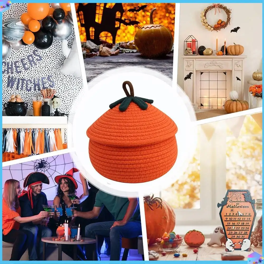 

A43T Halloween Dustproof Pumpkin Woven Basket With Lid Desktop Storage Basket Cosmetics Sundries Snack Storage Basket