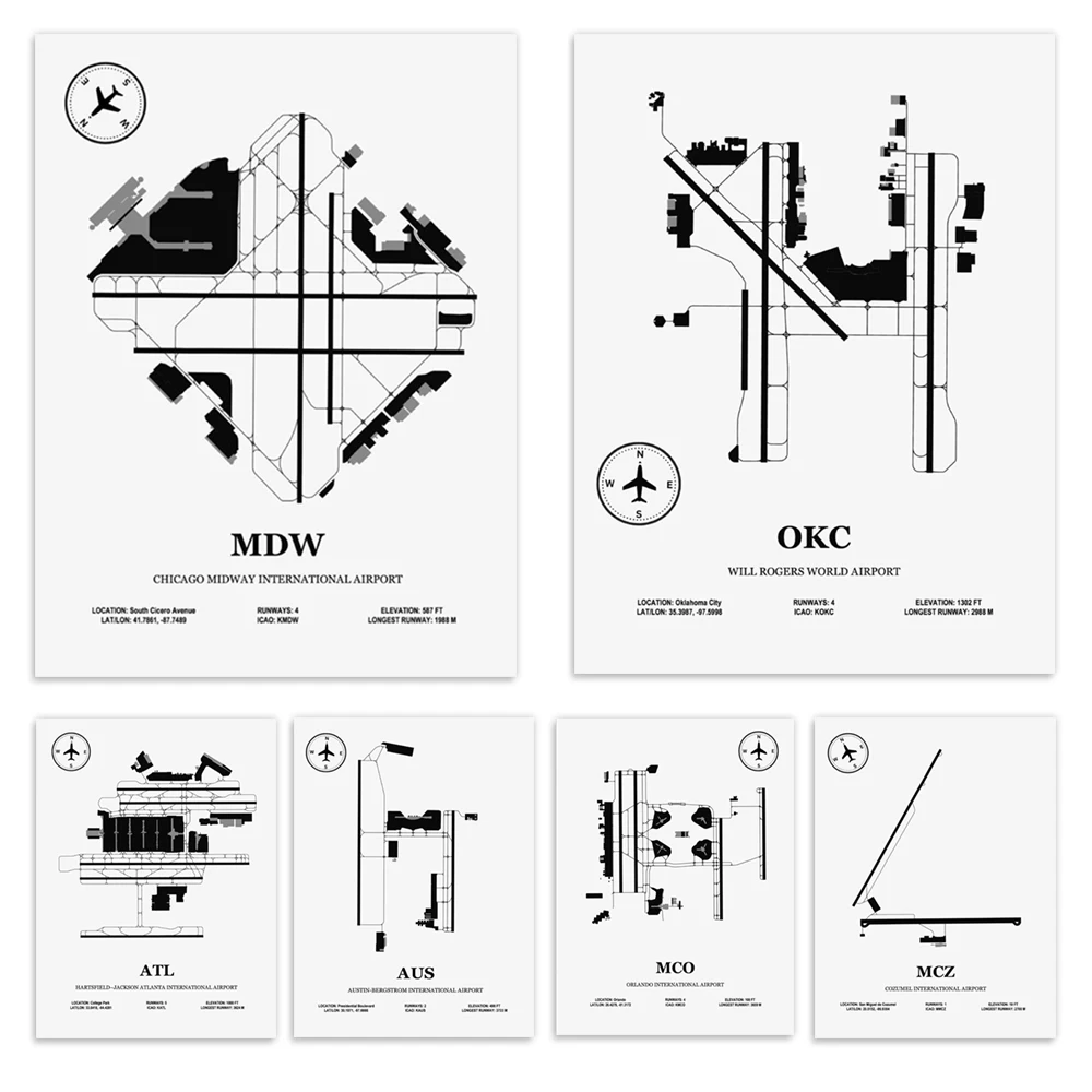 Austin-Bergster, Bradley, Sacramento, Cozumel, Miami, Dallas-Fort Worth International Airport, Airport Design Aviation Posters