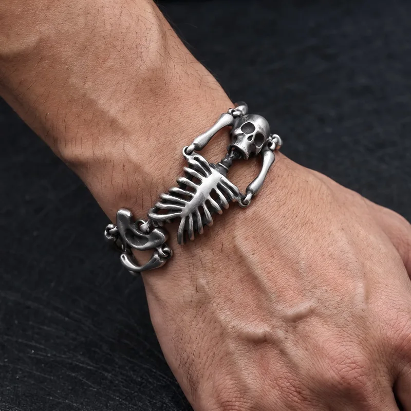 Punk Rock Stainless Steel Gothic Skull Body Chain Bracelet For Men Skeleton Link Bike Jewelry Men's Bracelets Accessories