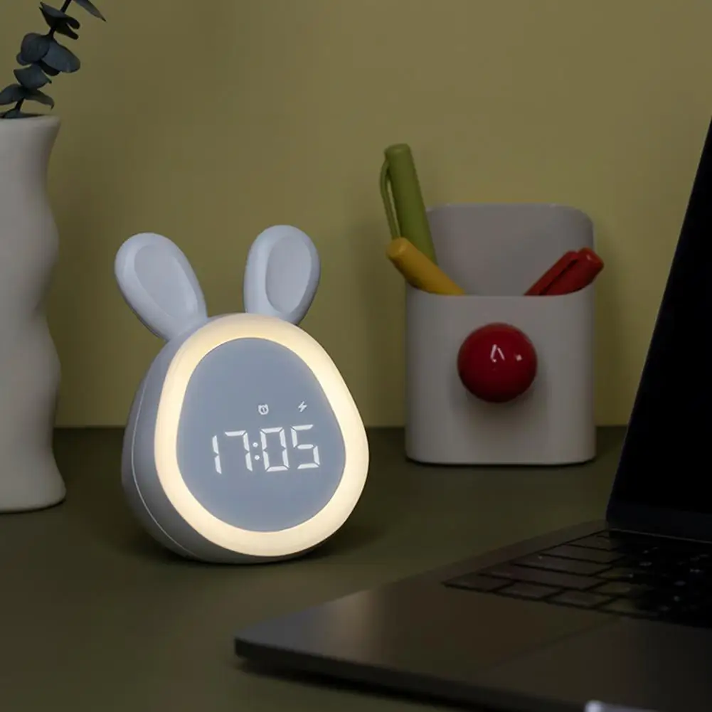 Relógio despertador de coelho bonito com luz noturna, mini relógio LED inteligente, carregamento USB, escurecimento stepless, relógio digital para crianças