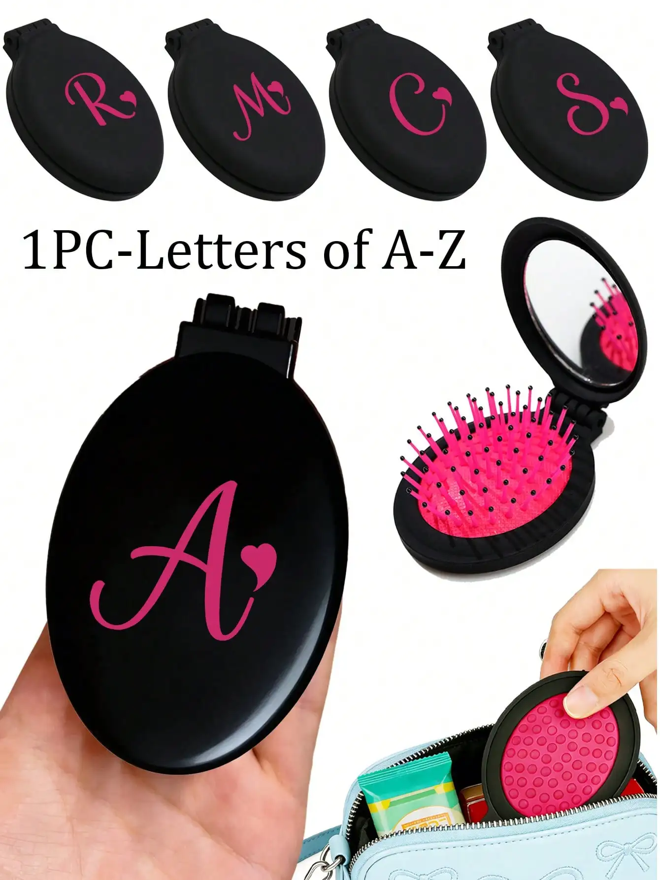 

2-In-1 Foldable Mini Hair Brush With Mirror - Portable, Dragon Fruit Color, Rose Red Art Letter Love Initial A-Z Pattern, Desktop, Foldable 180 °, Ladies' Pocket Comb, Folding Airbag Comb, 2-In-1 Massage Comb, Modern Travel Beauty Tool, Folding Comb With
