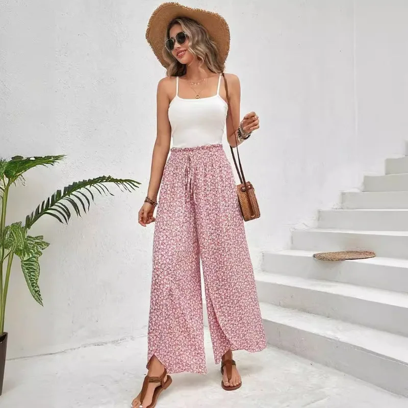 Women's Casual Pants Spring and Summer New Fashion Versatile Floral Side Slit Wide-leg Culottes