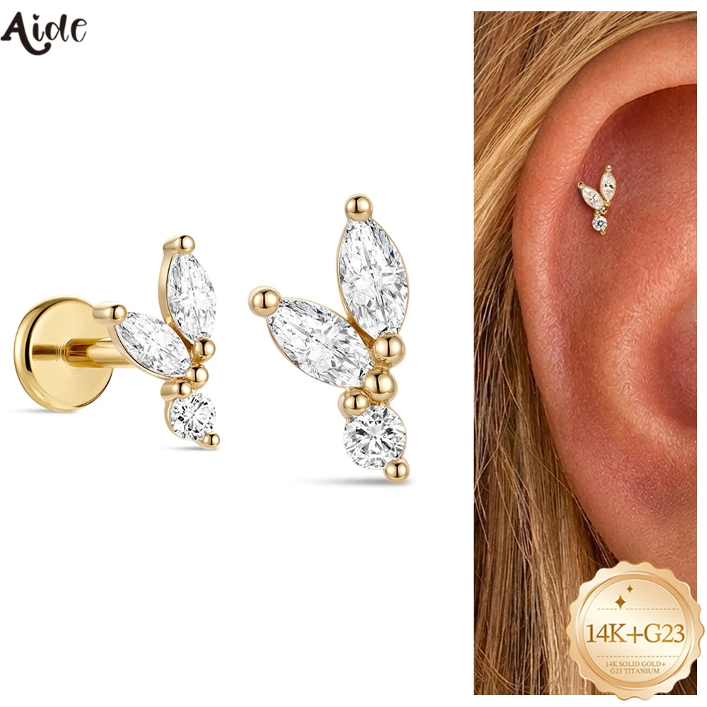 Aide 14K Soild Gold Implanted Grade Titanium Back Kite Flat horse's Eye CZ Studs Wedding Engagement Anniversary Other Occasions