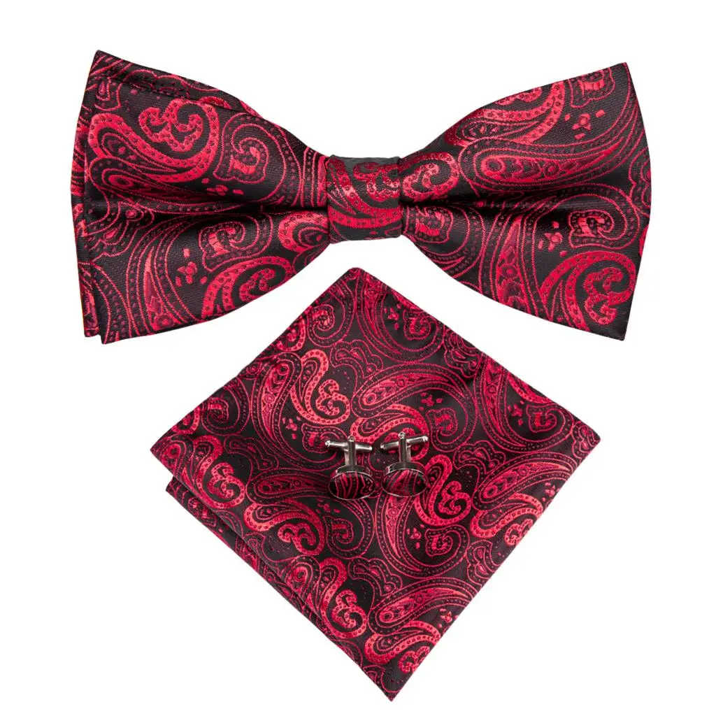 Hi-Tie Luxury Red Burgundy Silk Men\'s Bowtie Pocket Square Cufflinks Brooch Set Butterfly Knot Bow Tie for Men Wedding Groomsman