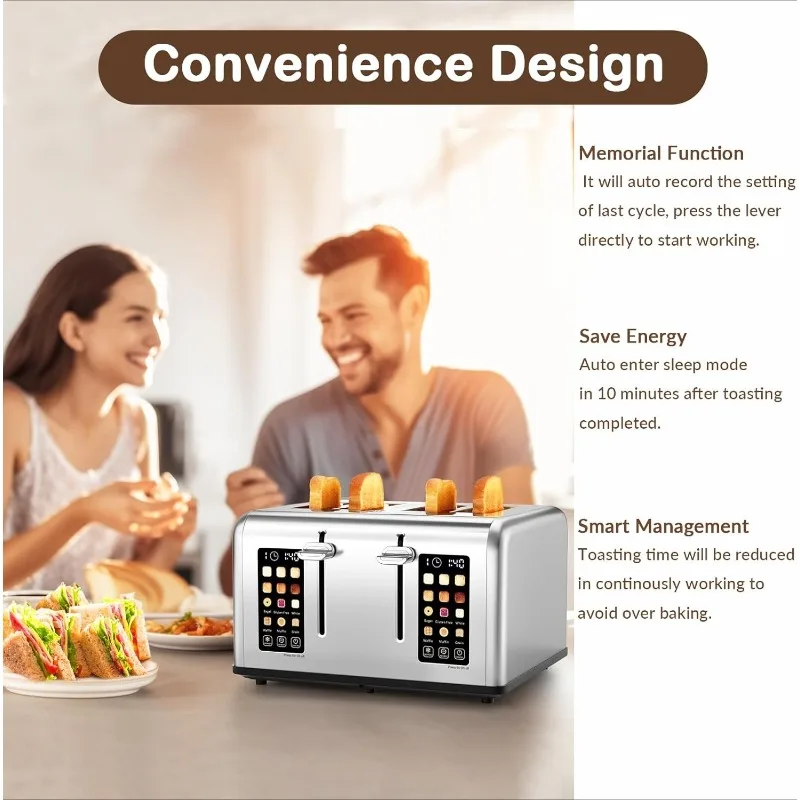 4 Slice Toaster with Touch Screen Control, 4 Wide Slots, Stainless Steel Smart Bread Toaster for Bagels, Muffins, Waffles