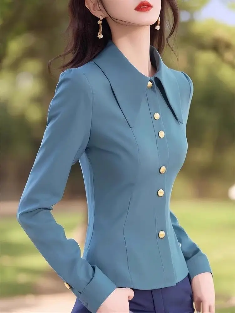 

Slim Fit Collar Shirt Women's Long Sleeve Waist Cinched Professional Personality Spring Autumn New Style Commute Style