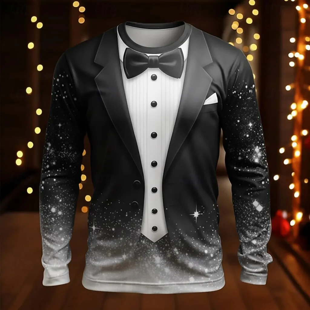Christmas Men's Christmas Costume Tuxedo Long Sleeve T-shirt 3D Print Crew Neck Shirt Fashion Basic 3D Street Casual Clothing