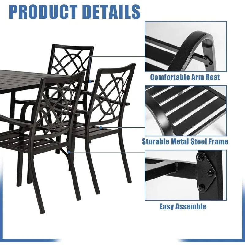 

7-Piece Furniture Patio Dining Table and Chair Set, 6 Stackable Metal Chairs and One Rectangular Outdoor Dining Table with