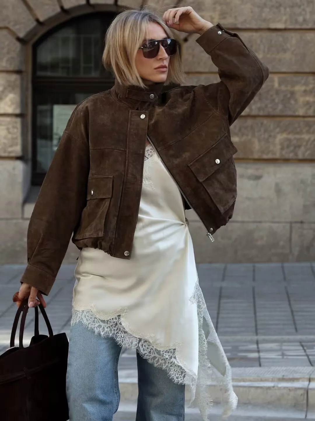 

2025 New Women Front Patch Pockets Faux Leather Bomber Jacket Long Sleeve Zipper Autumn Winter Coat 2025 Loose Outerwear