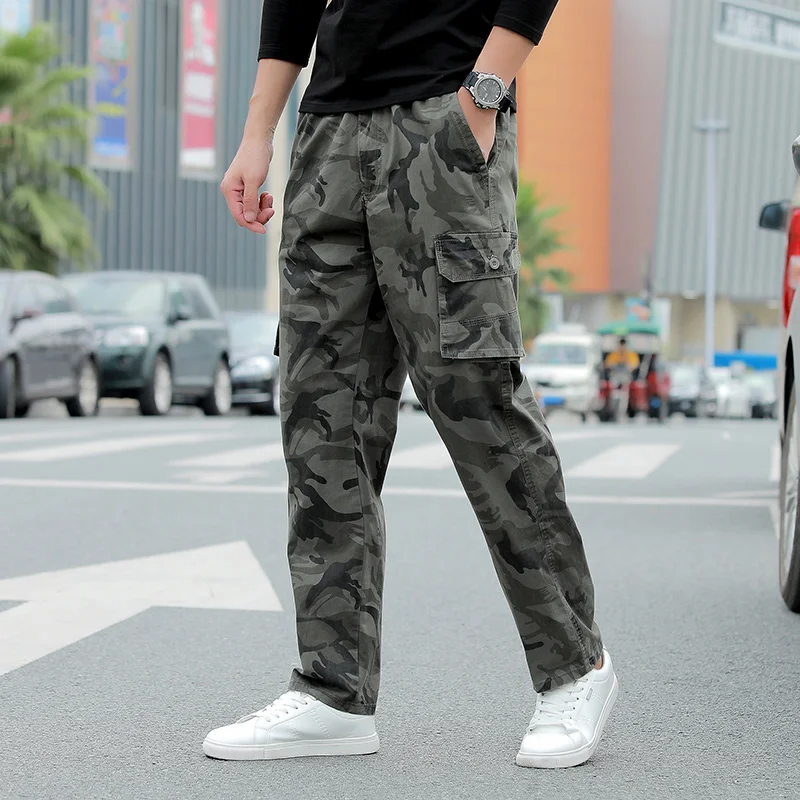 Men\'s Clothing Spring Autumn Geometric Camouflage Printing Button Elastic High Waisted Pockets Straight Trousers Vintage Pants