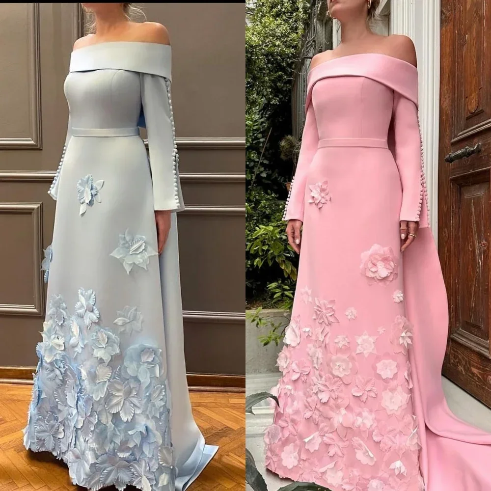 

JDY Custom Elegant Off-Shoulder Evening Gown Light Satin فستان حفلات الزفاف Floral Appliqué Long Sleeve