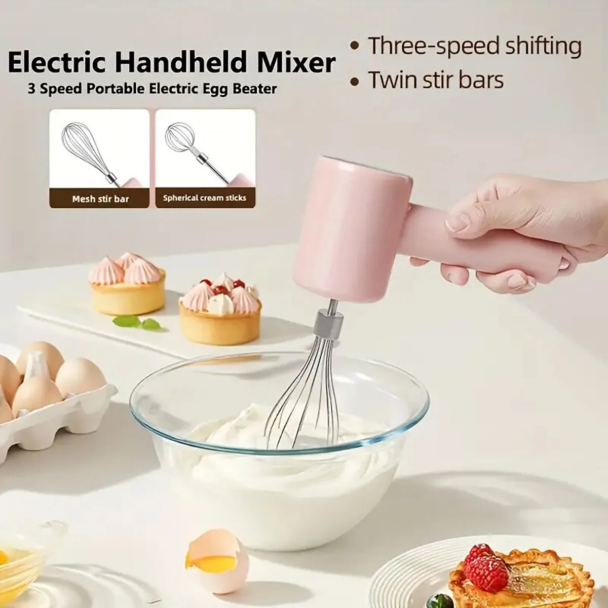 1PC handheld electric egg beater and mixer - USB charging, portable mixer with 3-speed control, suitable for cakes, cookies, and