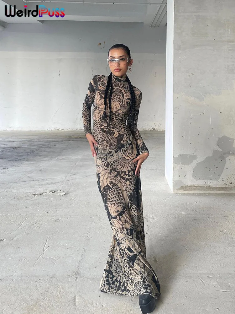 Weird Puss Mesh Print Women Maxi Dress Turtleneck Full Sleeve Bodycon Autumn Trendy Hipsters High Street Party Y2K Attirewear - Image 3