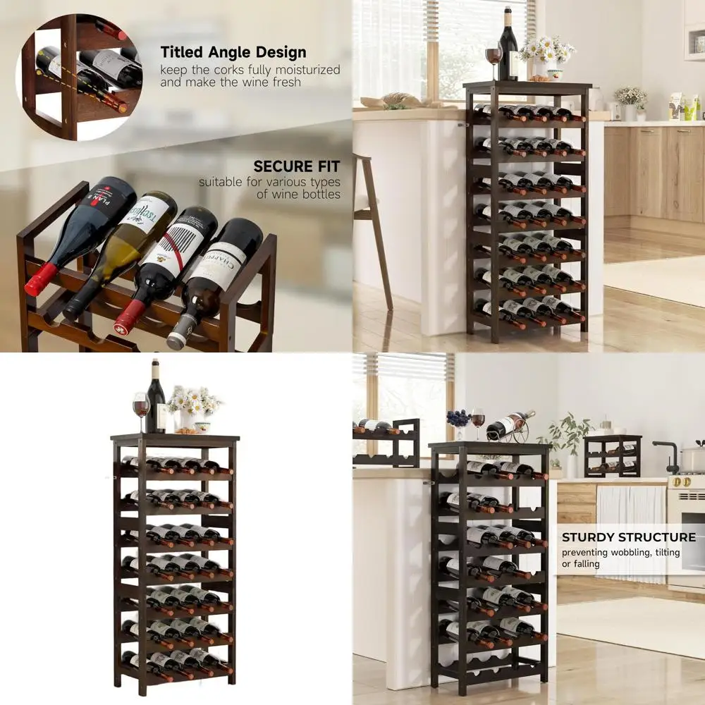 

7-Tier Solid Wood Wine Rack, Freestanding Floor Storage with Tabletop, Sturdy Bottle Holder for Home Bar & Dining