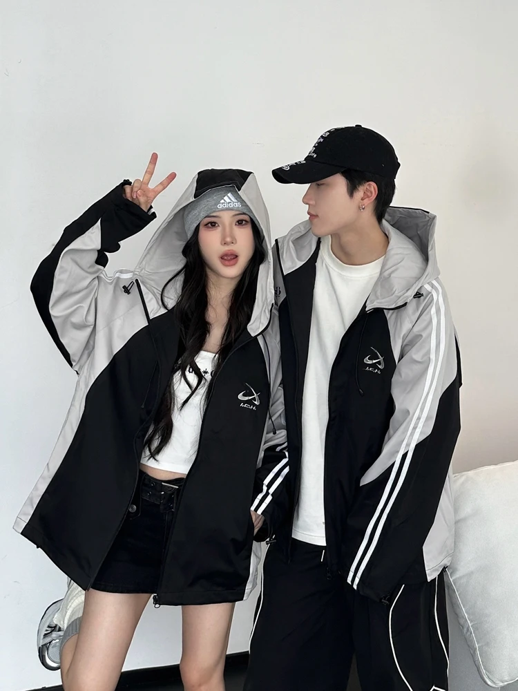 

American Retro Color Blo Hoodie Jaet Loose Fit High Street Hip Hop Couples Autumn Faion Windproof Long Sve Zipper
