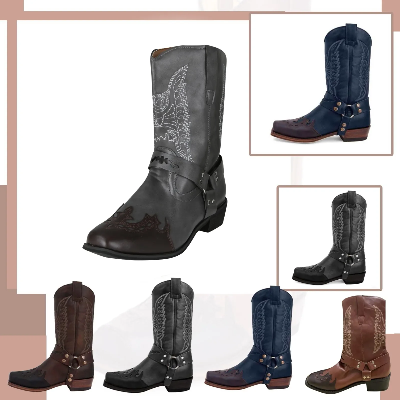 Bottes de cowboy rétro pour hommes, mi-mollet, bottes western pour hommes, cuir PU, chaussures à enfiler, bottes de chevalier d'hiver, chaussons, grande taille 39-48