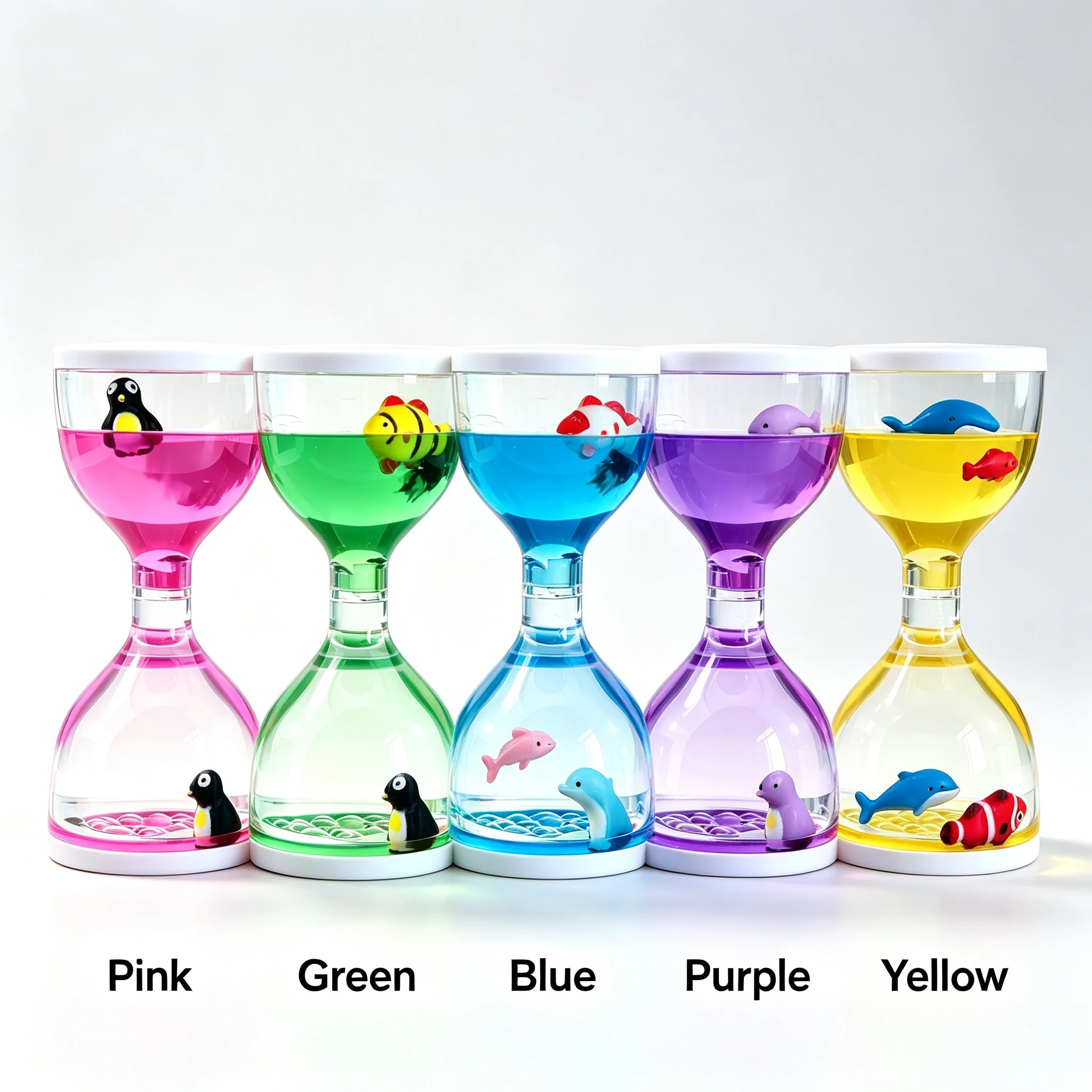 Promotional Gift Plastic Hourglass Decoration Diamond Oil Leak Penguin Inside Marine Life Fish Cute Ocean Animals Ornaments Desk