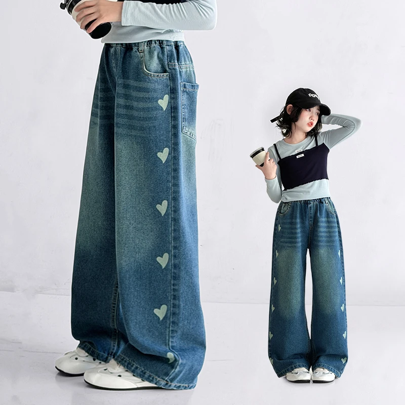 Kids Girls' Y2K Style Casual Loose Side Heart Print Wide-Leg Jeans Everyday Bottoms Children Elegant Street Denim Pants Age 5-14