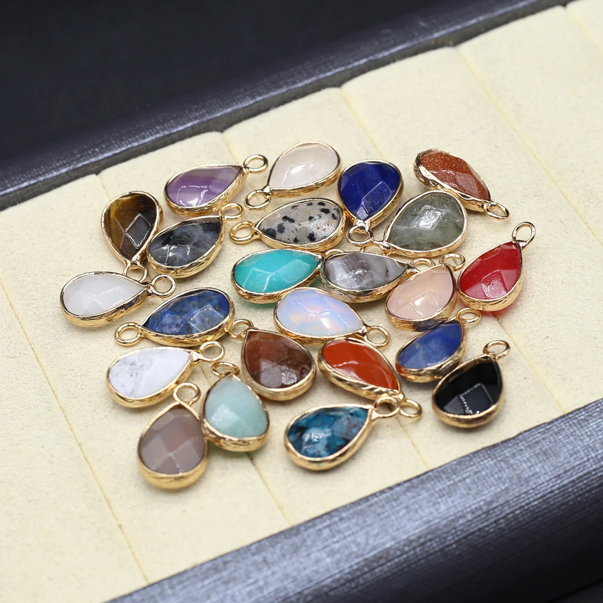 15PCS Wholesale Natural Semiprecious Stone Droplet Silvery/Golded Edge Pendant Jewelry Making DIY Necklaces Earrings Accessories