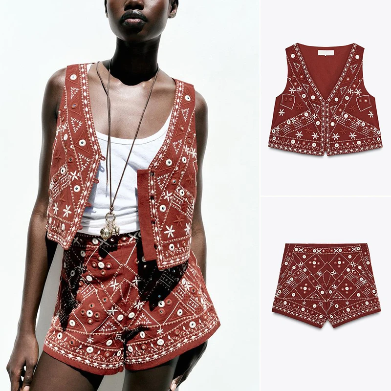 

Новый летний женский декоративный жилет с зеркальным эффектом и вышивкой, повседневный комплект orts, коллекция Faion 2025, повседневная одежда